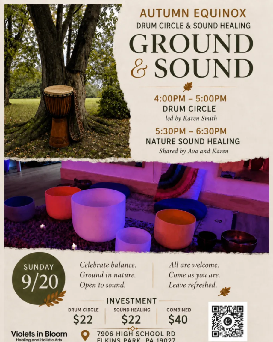Autumn Equinox Ground & Sound event graphic with drum circle and nature sound healing details for Sunday 9/20