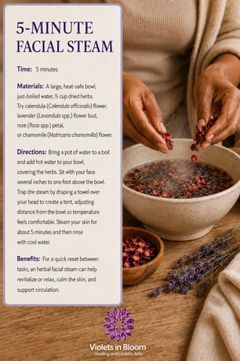 5-Minute Facial Steam ritual graphic showing a person sprinkling dried botanicals into a steaming bowl.
