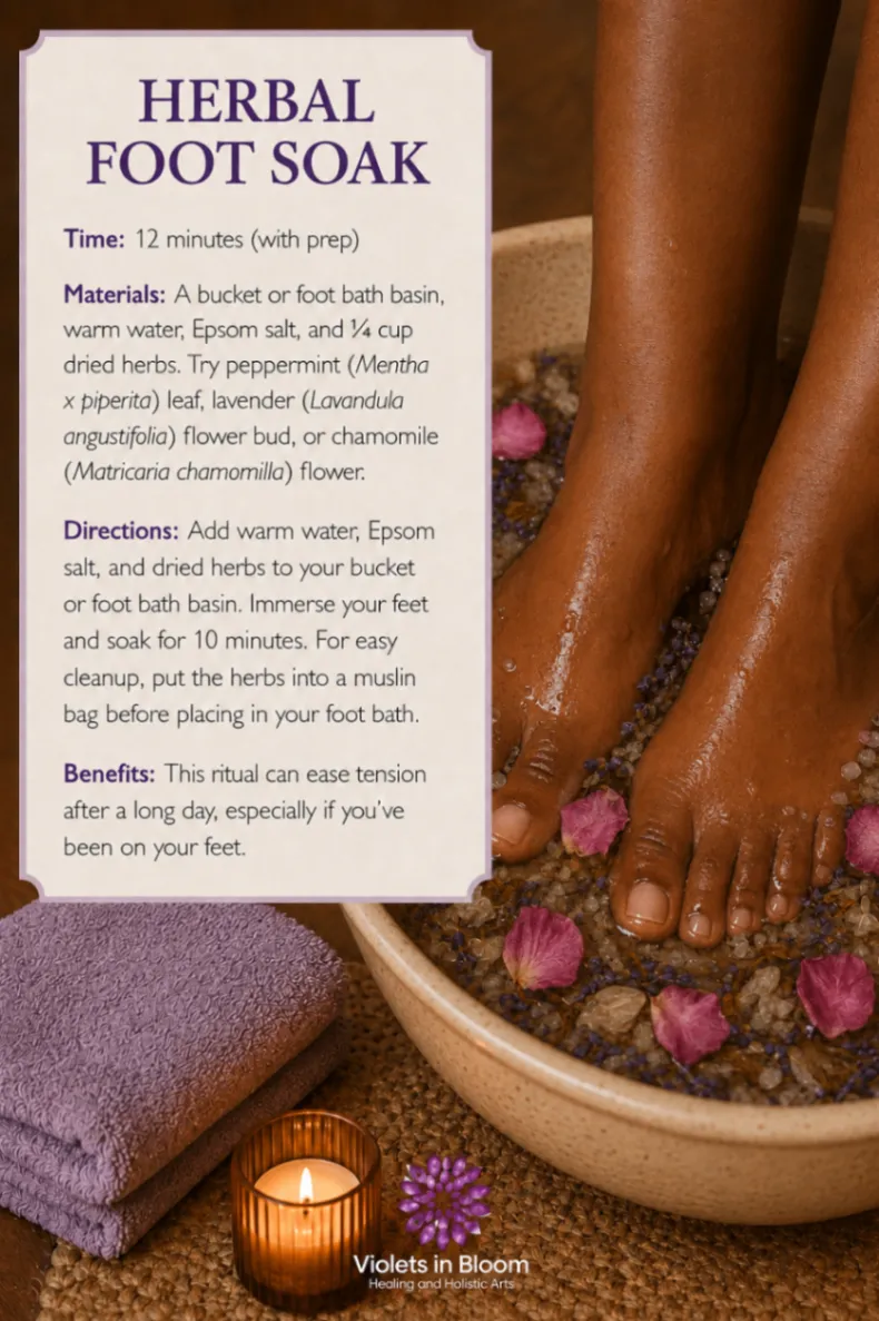 Herbal Foot Soak ritual graphic showing feet resting in warm water with dried herbs and flower petals.