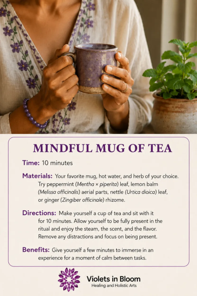 Mindful Mug of Tea ritual graphic showing a person holding a purple mug of tea beside a leafy plant.