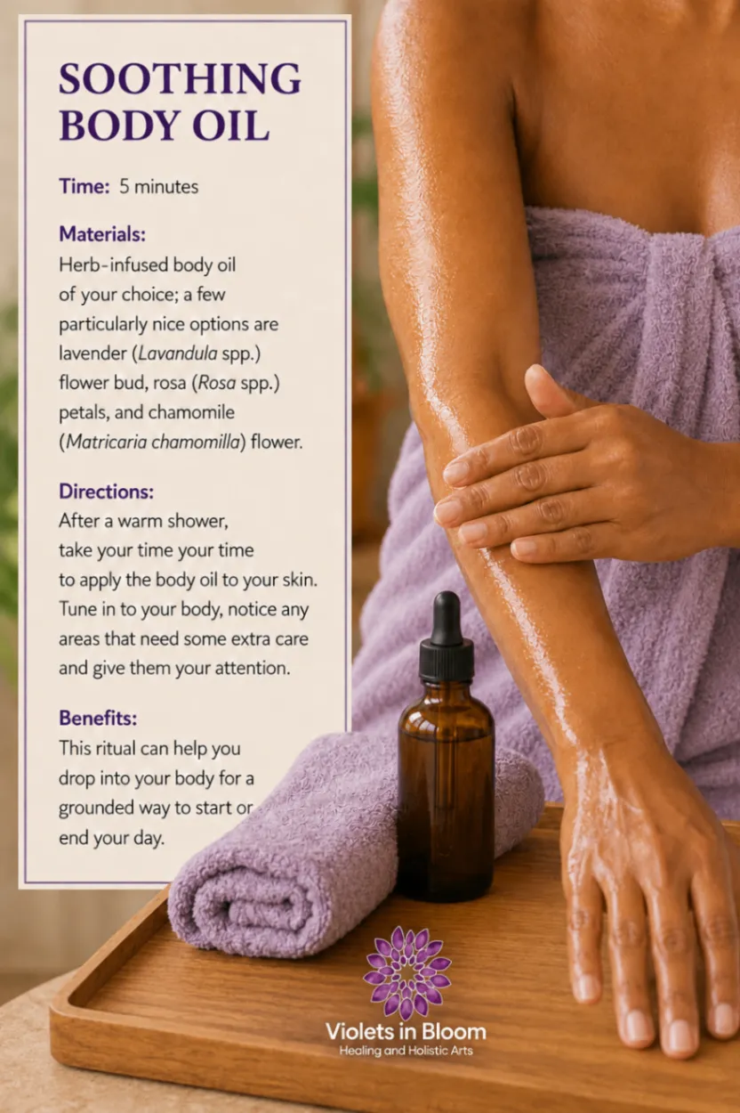 Soothing Body Oil ritual graphic showing a person applying herb-infused body oil after a warm shower.