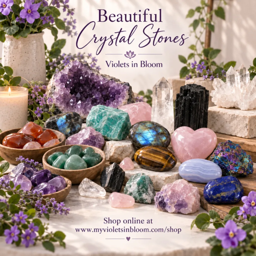 Beautiful Crystal Stones promotional image showing colorful crystals and flowers, with Violets in Bloom branding and an online shop address