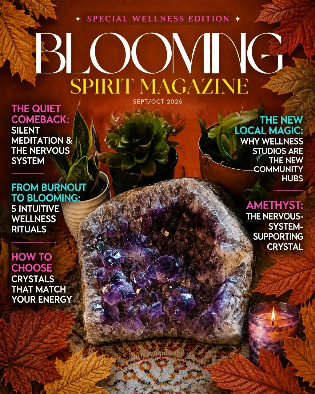 Blooming Spirit Magazine September/October 2026 cover featuring an amethyst geode, plants, and autumn leaves