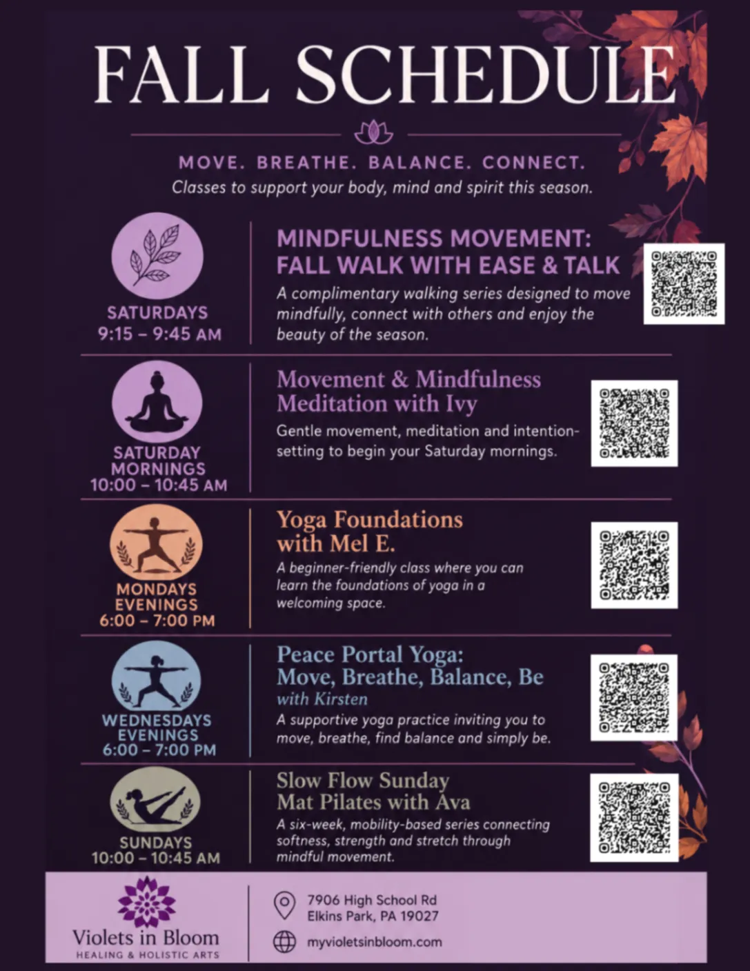 Fall Schedule featuring five Violets in Bloom wellness offerings: a Saturday fall walk, Ivy's Saturday meditation, Mel E.'s Monday yoga, Kirsten's Wednesday yoga, and Ava's Sunday Pilates, with times and QR codes for each class.
