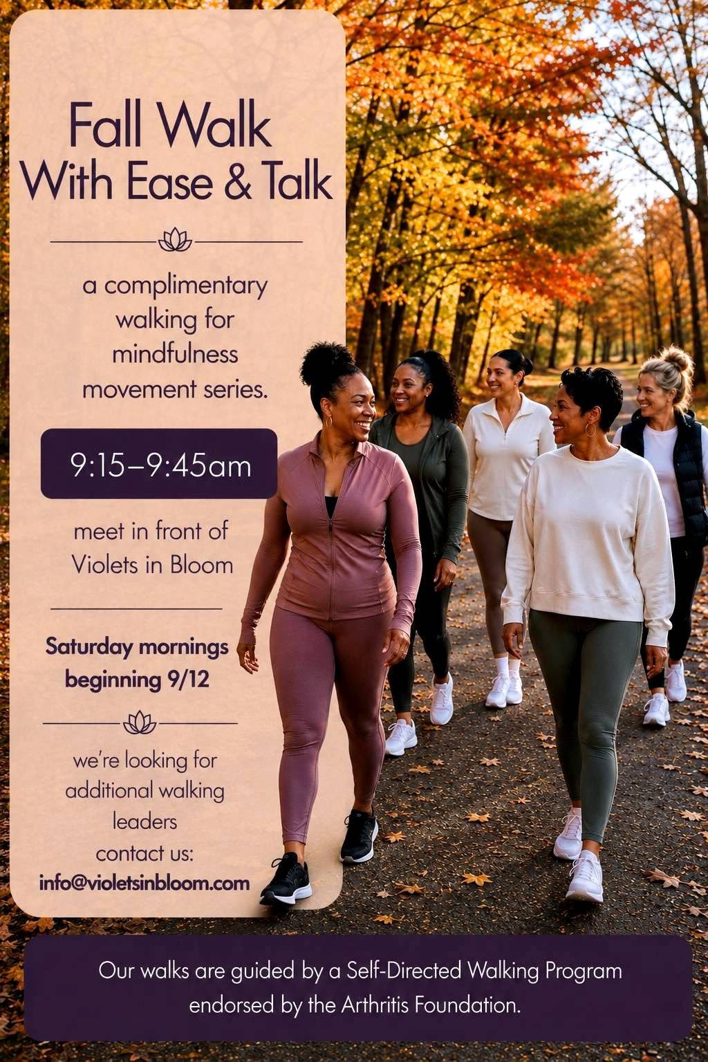 Fall Walk With Ease and Talk graphic showing a diverse group walking together through autumn trees.