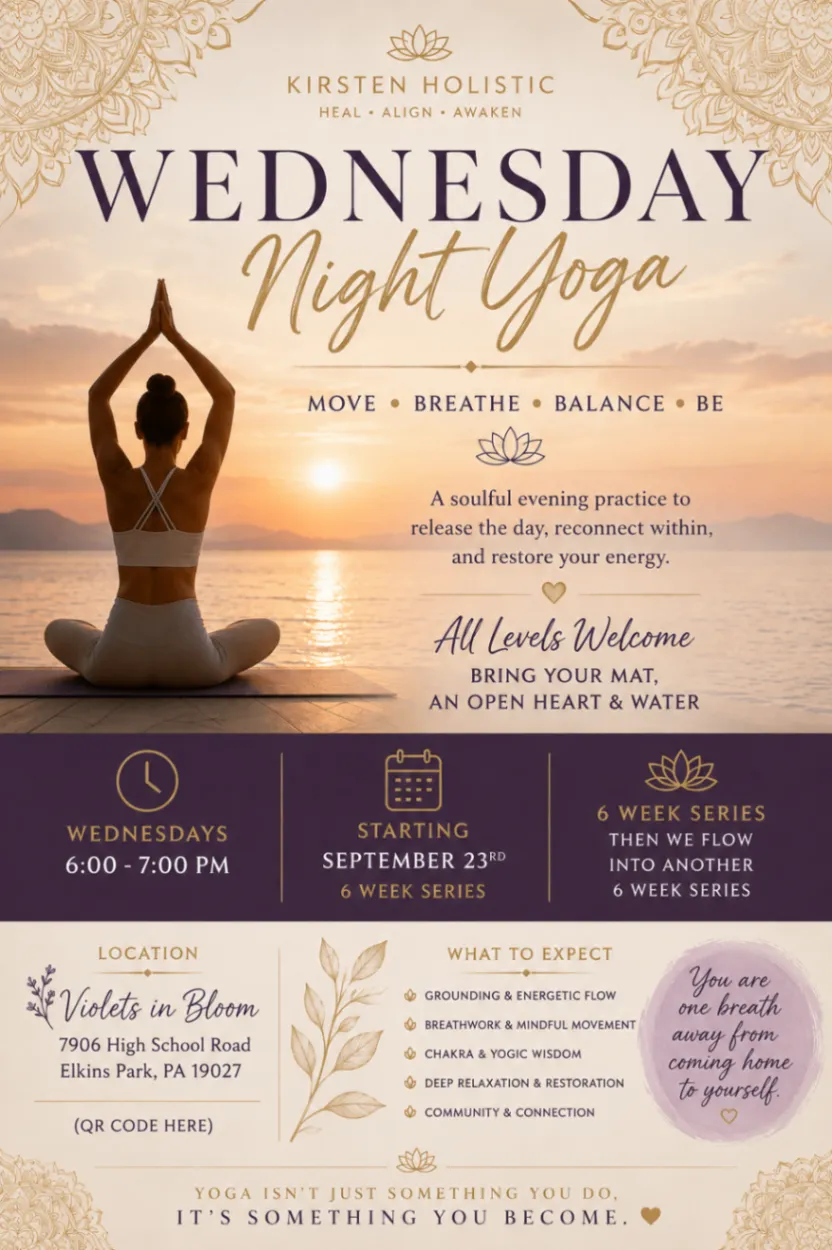 Wednesday Night Yoga flyer for Kirsten Holistic, featuring a six-week Wednesday evening series, class details, and a QR code placeholder.