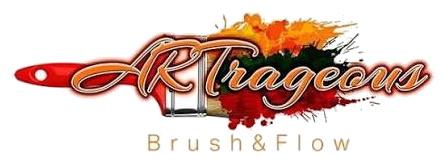 ArtRageous Brush & Flow logo with a paintbrush and colorful brushstrokes