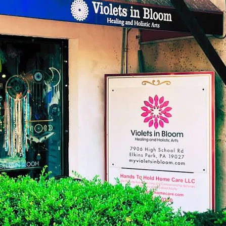 Violets in Bloom storefront in Elkins Park with its blue sign and flower emblem