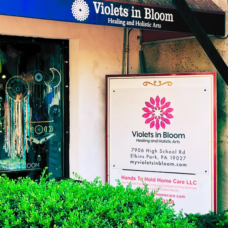 The Violets in Bloom storefront and sign on High School Road in Elkins Park