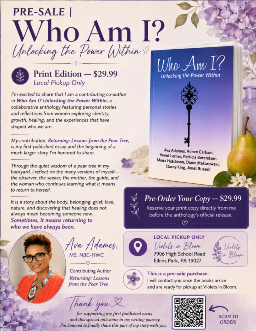 Pre-sale graphic for Who Am I? Unlocking the Power Within, featuring the book cover, author details, local pickup information, and a QR code to order.