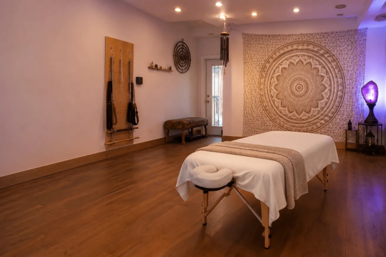 A warm studio prepared for restorative movement and reflection